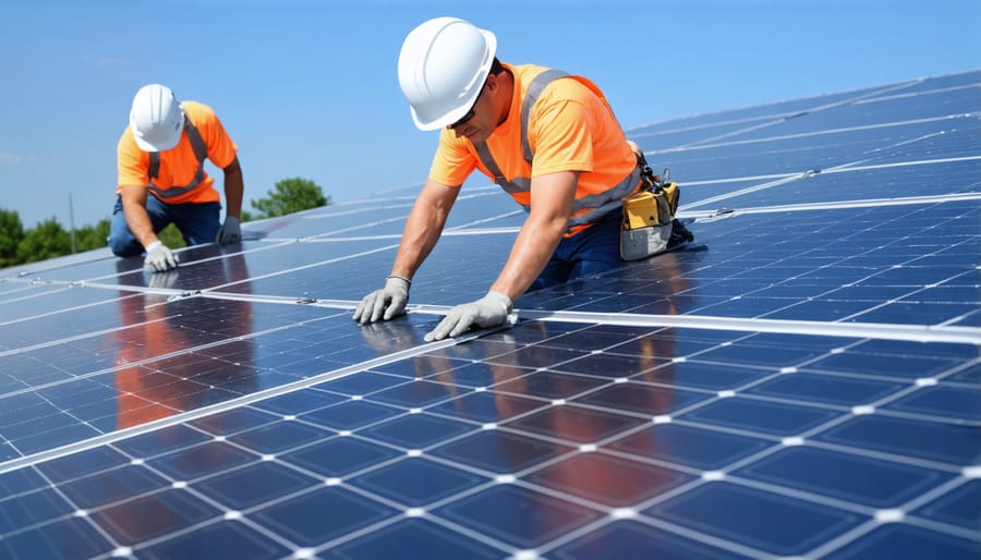 Solar installation technicians working on mounting panels at a community solar project