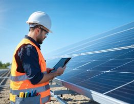 Technician inspecting a large commercial solar panel installation, symbolizing the importance of maintaining solar infrastructure to protect energy investments.