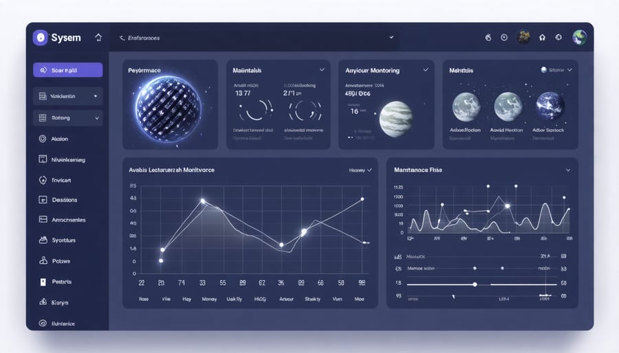 Solar monitoring system interface displaying performance metrics and maintenance schedules