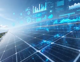 Solar panel array with digital data overlays depicting real-time performance analysis for optimized energy efficiency.
