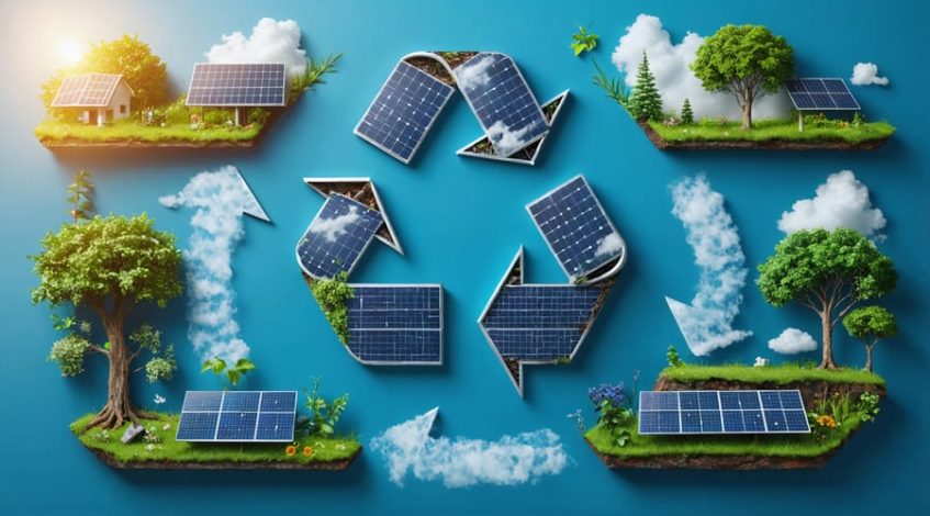 Conceptual illustration depicting the circular lifecycle of solar panels from installation to recycling, emphasizing eco-friendly practices and sustainable waste management.