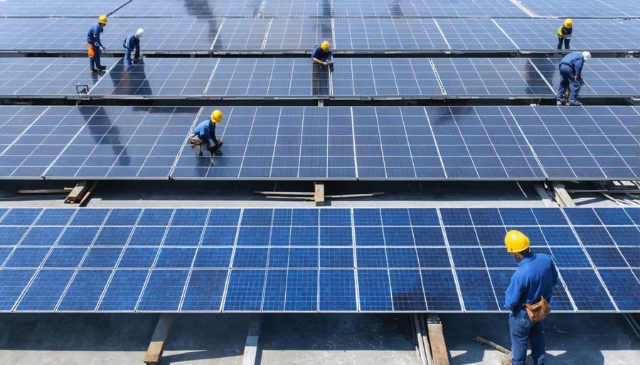 Industrial facility workers processing end-of-life solar panels for recycling