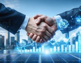 Business leaders shaking hands over a holographic projection of energy savings, with a cityscape featuring solar panels integrated into buildings in the background, symbolizing solar partnerships.