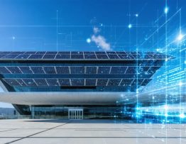 A corporate building with a solar panel-covered rooftop under a clear blue sky, representing sustainable business practices and energy efficiency.