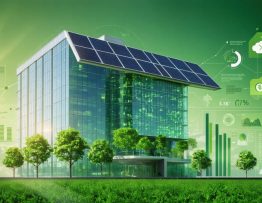 A corporate building with rooftop solar panels, surrounded by symbols of financial growth and sustainability, illustrating the integration of solar energy into corporate responsibility.