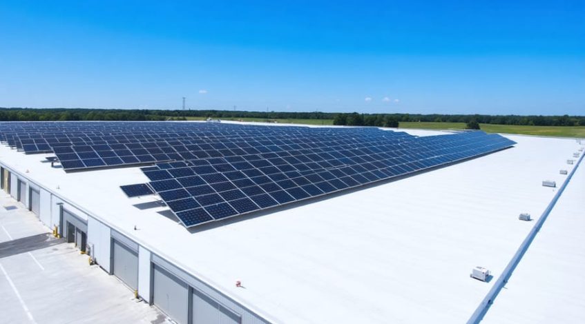 An expansive industrial cold storage facility with a roof lined with solar panels, illustrating the integration of solar energy to optimize energy efficiency and sustainability in refrigeration operations.