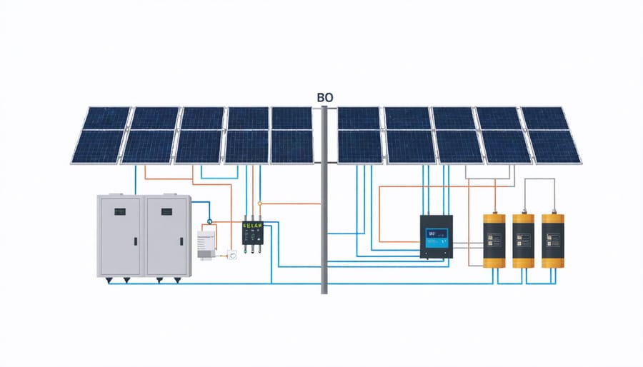 Technical illustration of solar battery storage system components and connections