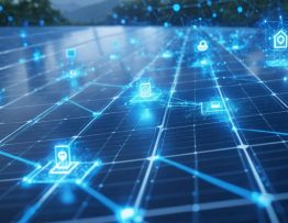 Conceptual illustration of a futuristic, blockchain-enabled solar energy grid showing interconnected nodes and security symbols, representing technological transformation and enhanced grid security.