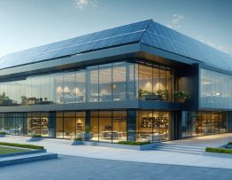 Modern commercial building with seamlessly integrated building-integrated photovoltaics (BIPV) featuring solar glass windows, solar facade panels, and solar roof tiles under bright sunlight.