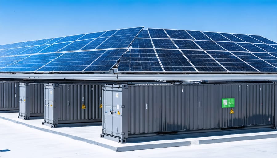 Large-scale solar array with integrated battery storage systems visible in white containers