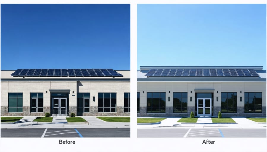 Side-by-side comparison showing commercial building transformation with solar technology