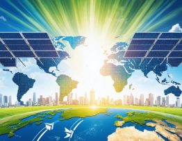 Conceptual illustration showing global energy connections through solar partnerships, with sunrays linking continents and solar panels symbolizing renewable energy cooperation.