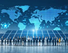 Representatives from government, private companies, and research institutions collaborate at a large solar panel array, illustrating global public-private partnerships in solar energy innovation.