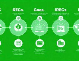 Infographic illustrating different types of green energy certificates including Renewable Energy Certificates (RECs), Guarantees of Origin (GoOs), and International Renewable Energy Certificates (I-RECs), showing their global connectivity and financial benefits.