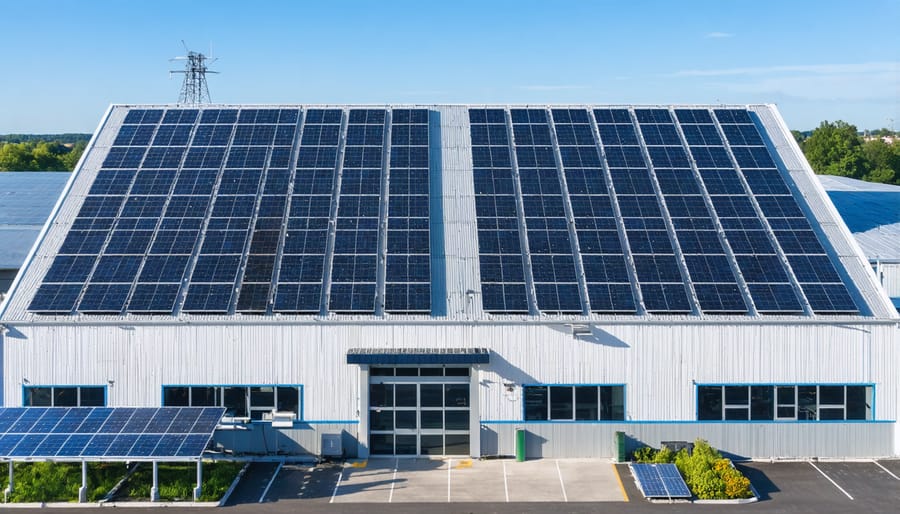 Aerial view of industrial building featuring solar panels and battery storage integration