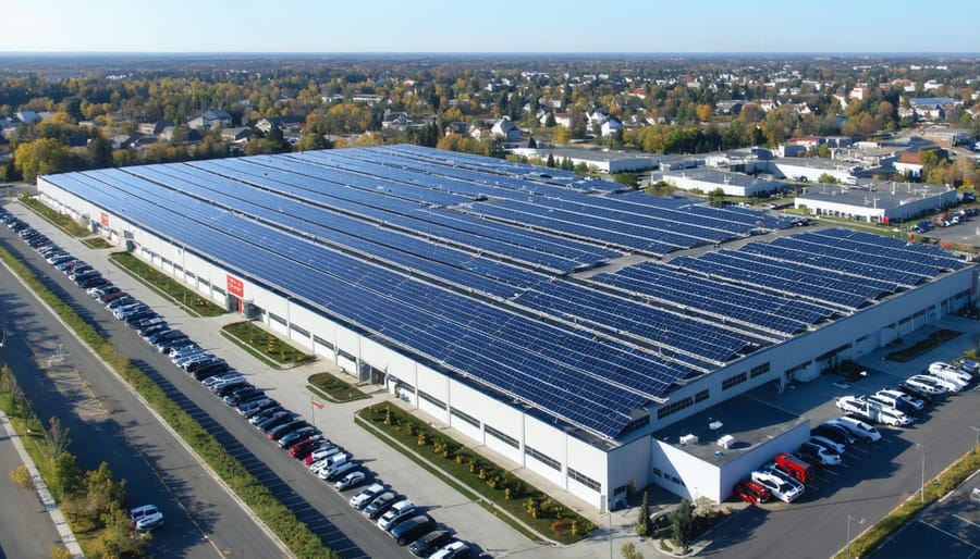 Industrial manufacturing facility showcasing comprehensive rooftop solar panel installation