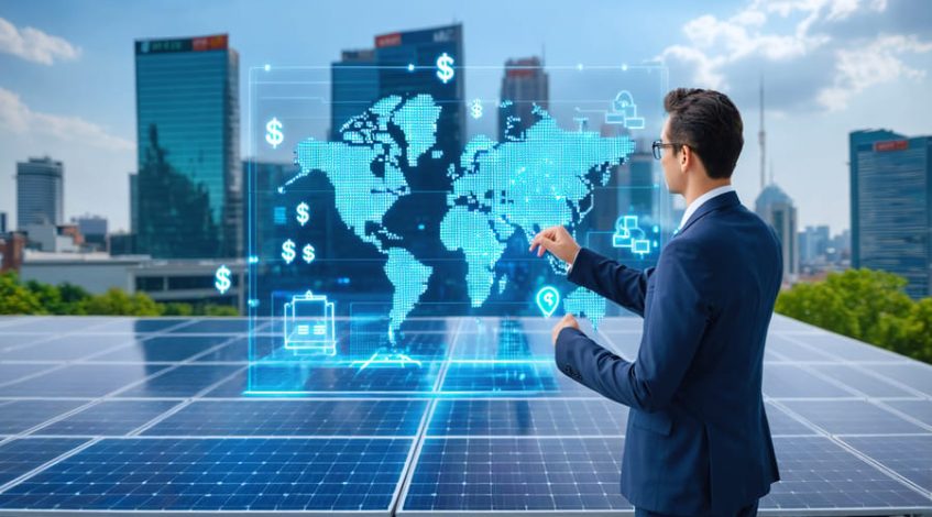 A business executive examines a digital screen showing a map with monetary symbols, highlighting solar energy incentives across regions, with a futuristic cityscape and solar rooftop installations in the background.