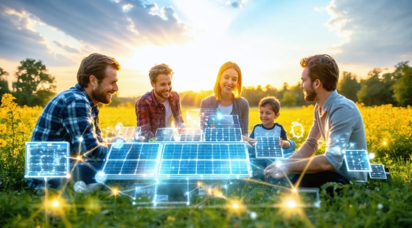 Community members gathered in a sunny field, collaborating around transparent solar panel displays representing interconnected clean energy initiatives.
