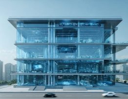 Modern office building with integrated photovoltaic glass facades and smart windows in an urban cityscape, illustrating renewable energy in architecture.
