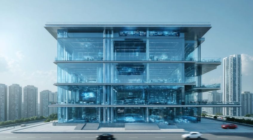 Modern office building with integrated photovoltaic glass facades and smart windows in an urban cityscape, illustrating renewable energy in architecture.