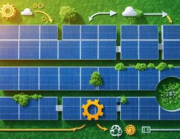 Conceptual representation of a solar panel lifecycle integrating circular economy practices, highlighting the stages of manufacturing, usage, maintenance, recycling, and reintegration into production processes.