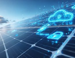 An artistic illustration showing solar panels intertwined with digital icons and secure locks, representing the concept of solar data privacy and protection measures.