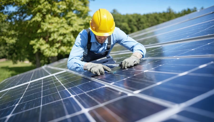 Solar technician demonstrating proper electrical safety equipment and protective gear