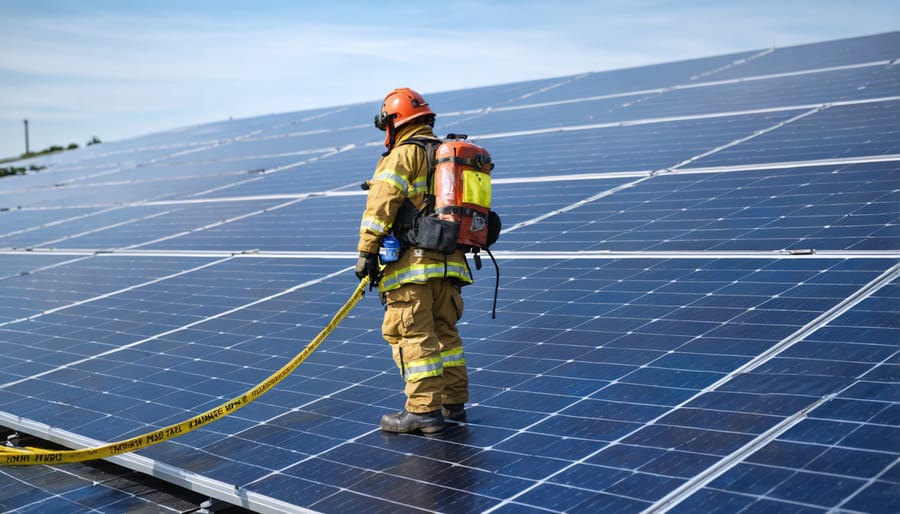 Training demonstration of emergency rescue procedures at solar installation site