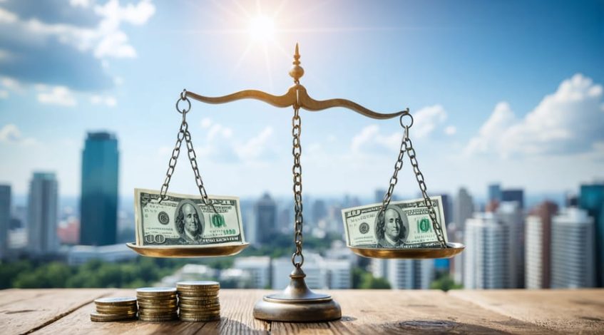 "Illustration of a balance scale with solar panels and dollar bills, representing business benefits versus hidden costs of solar energy, against a cityscape."