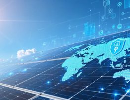 An illustration of solar panels with digital circuit patterns overlay, symbolizing the intersection of solar energy technology and cybersecurity protection.