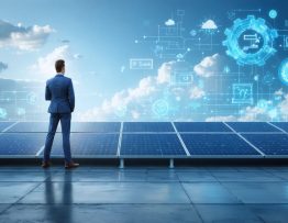 Conceptual depiction of a business owner overseeing a commercial solar energy installation, highlighting elements of weather, cybersecurity, and electrical safety risks.