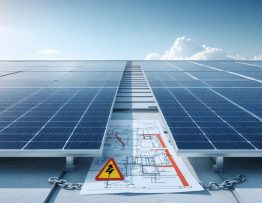 Conceptual depiction of solar panels on a commercial rooftop, surrounded by warning symbols and safety elements, illustrating the importance of addressing critical risks in solar energy installations.