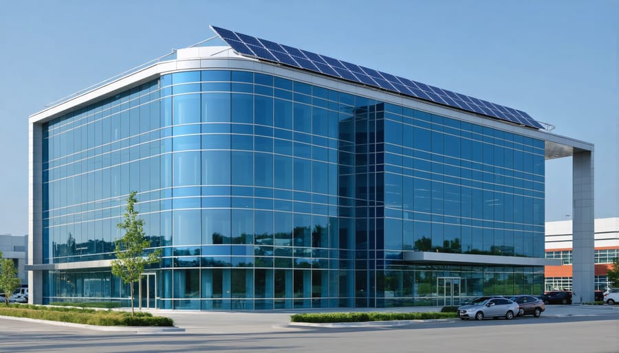 Commercial building with photovoltaic glass panels integrated into its facade design