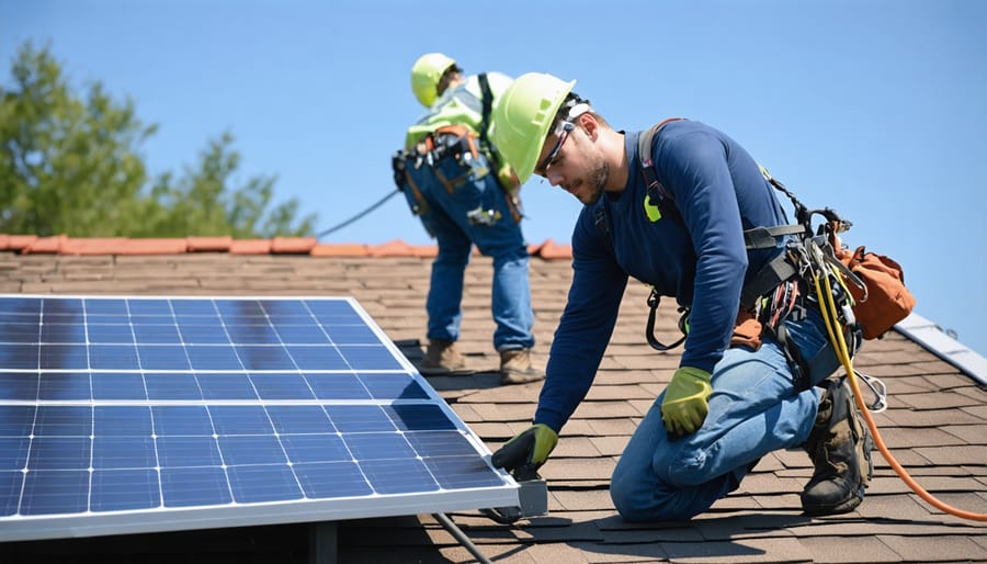 Demonstration of correct fall protection equipment usage during solar installation