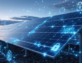 A conceptual representation of solar panels connected by digital data overlays, illustrating energy production and GDPR compliance measures in data protection.