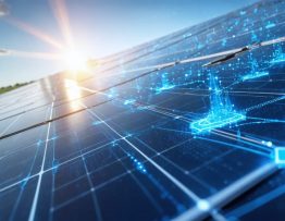 Illustration showing advanced solar panels with AI-driven monitoring systems and smart sensors, symbolizing technological transformation and industry standards in solar energy.