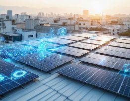 Futuristic city skyline with solar panel-adorned rooftops, showcasing data overlays that highlight innovations in solar technology and energy management systems.