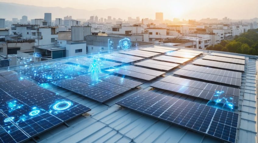 Futuristic city skyline with solar panel-adorned rooftops, showcasing data overlays that highlight innovations in solar technology and energy management systems.