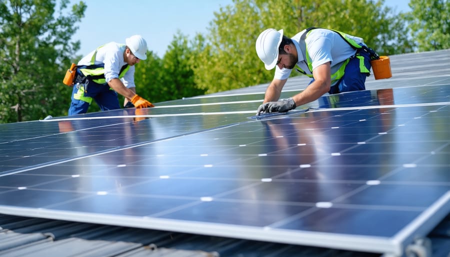 Team of solar installers in safety gear mounting solar panels on a house roof