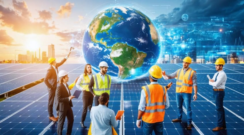 Various professionals collaborating in front of solar panels and a globe, representing the expanding job opportunities in the solar energy sector.