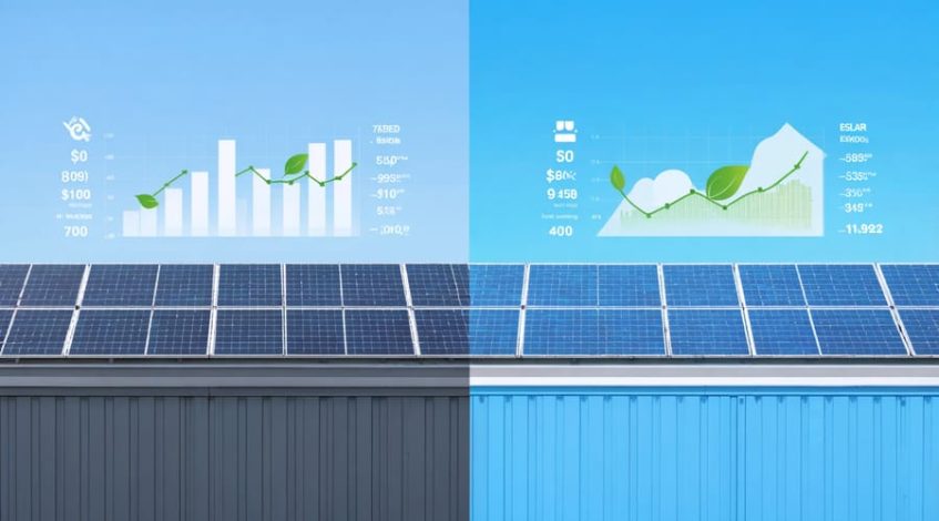 Split-view of a commercial rooftop before and after solar panel installation, highlighting energy savings and sustainability benefits.