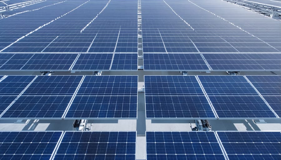 Interior view of a solar panel production facility showing workers and robotic equipment