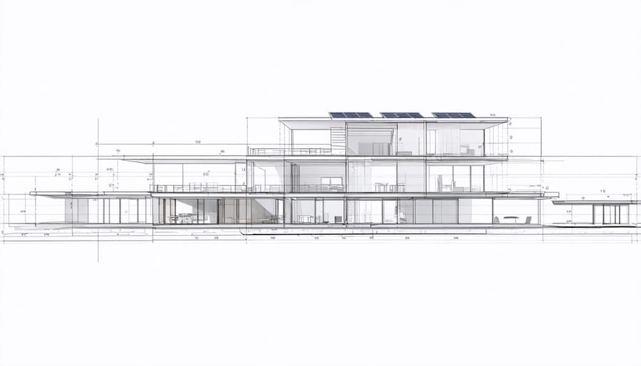 Technical illustration of building orientation angles and sun path analysis