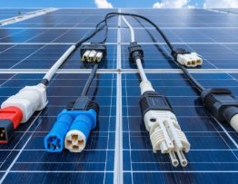 Various solar panel connectors including MC4, MC3, Tyco, and Amphenol H4, laid out against a backdrop of a solar farm, highlighting their importance in commercial solar installations.