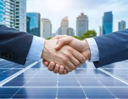 Two business leaders shaking hands in front of rooftop solar panels with a city skyline, representing the essence of solar energy partnerships and collaboration.