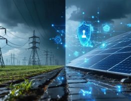 Split-screen image comparing a storm-ravaged traditional power grid with a secure, modern solar panel installation, enhanced with digital elements symbolizing cybersecurity and energy resilience.