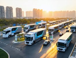 A vision of the future with solar-powered commercial vehicles lined up under solar charging stations in a vibrant urban environment, illustrating the shift toward sustainable transportation solutions.