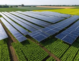 Aerial view of a sustainable farm with solar panels strategically placed among crops, demonstrating the integration of renewable energy and agriculture.