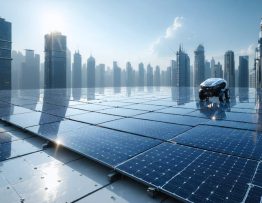 A futuristic cityscape showcasing advanced solar panel technologies, including perovskite and bifacial solar panels. AI-powered solar tracking systems and automated cleaning robots are visible, symbolizing innovation and efficiency in solar energy harnessing.