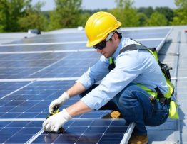 A solar technician on a rooftop, showcasing proper use of electrical safety gear and adherence to safety protocols during solar panel installation.